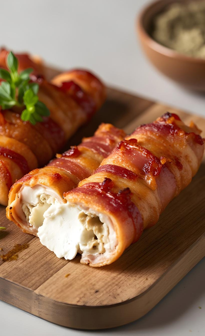 Speck-Feta-Streifen aus dem Airfryer auf einem Holzbrett