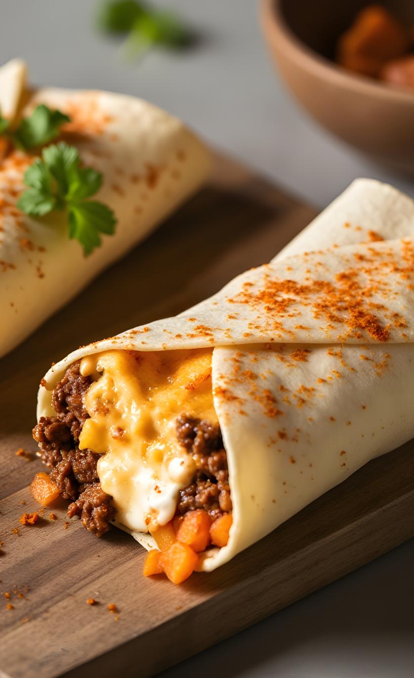 Zwei spicy Chili Cheese Wraps gebacken auf einem Holzbrett