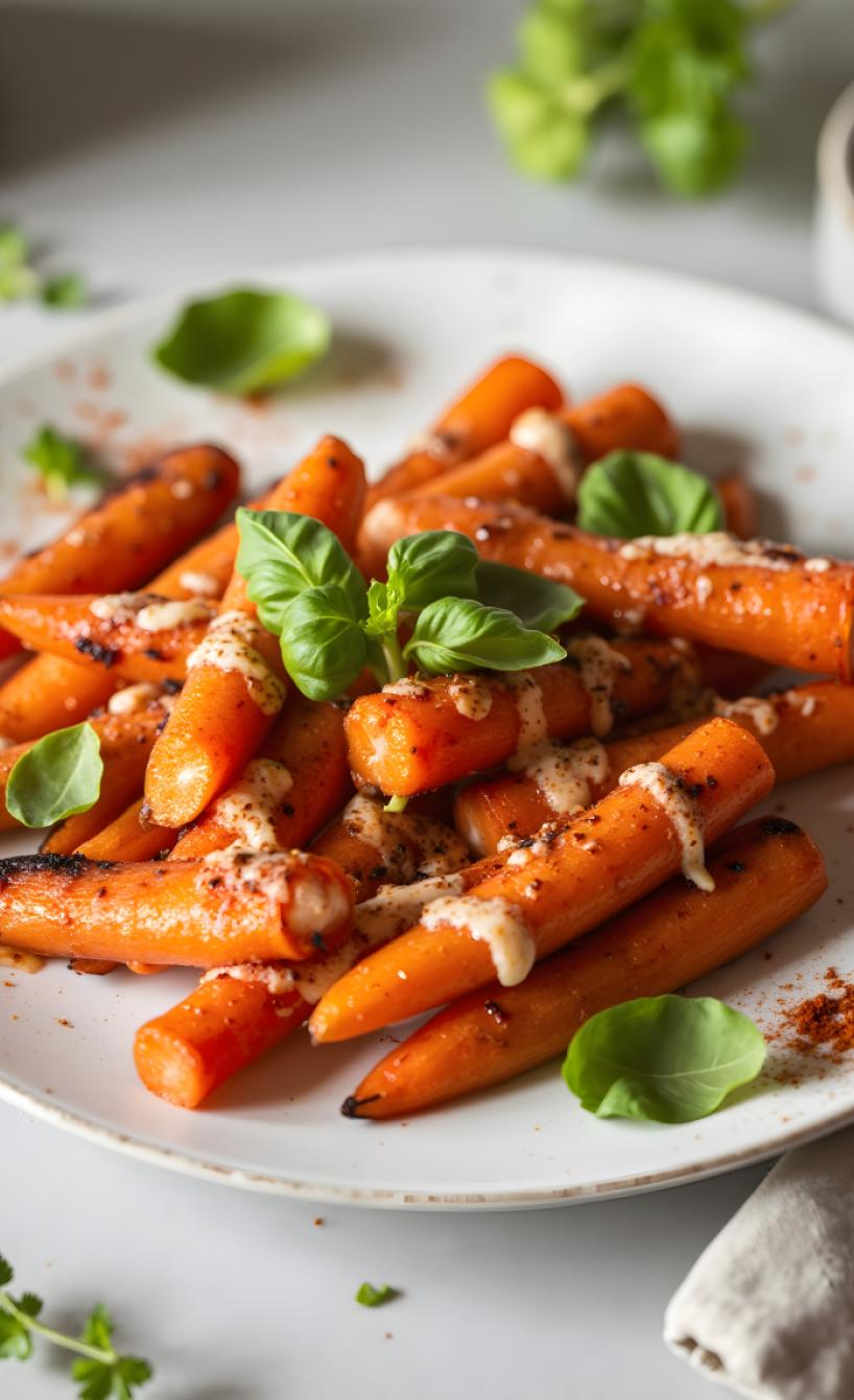 Heißluftfrittierte Karotten mit Parmesan und Gewürzen auf einem Teller