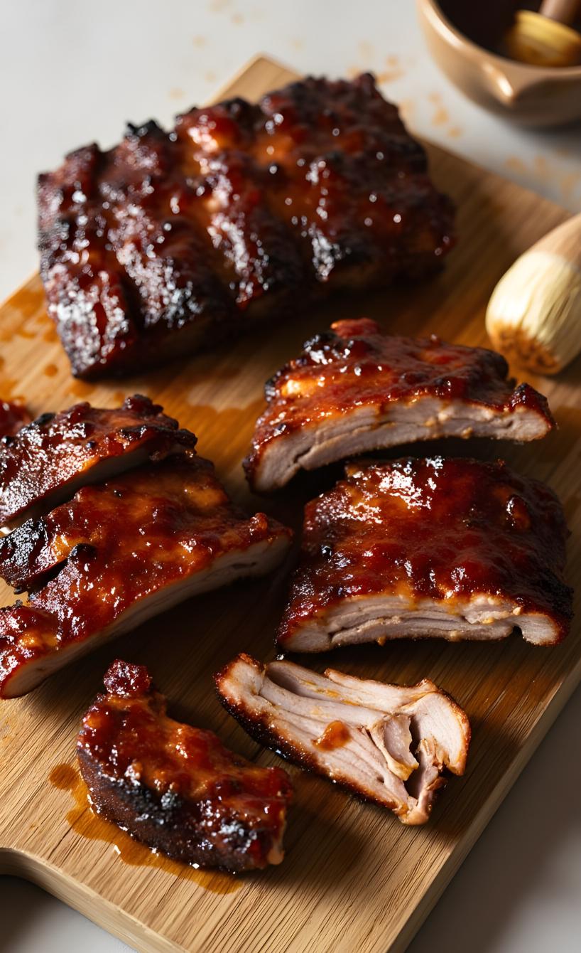  Spareribs aus dem Airfryer glasiert mit Barbecuesauce, daneben rub