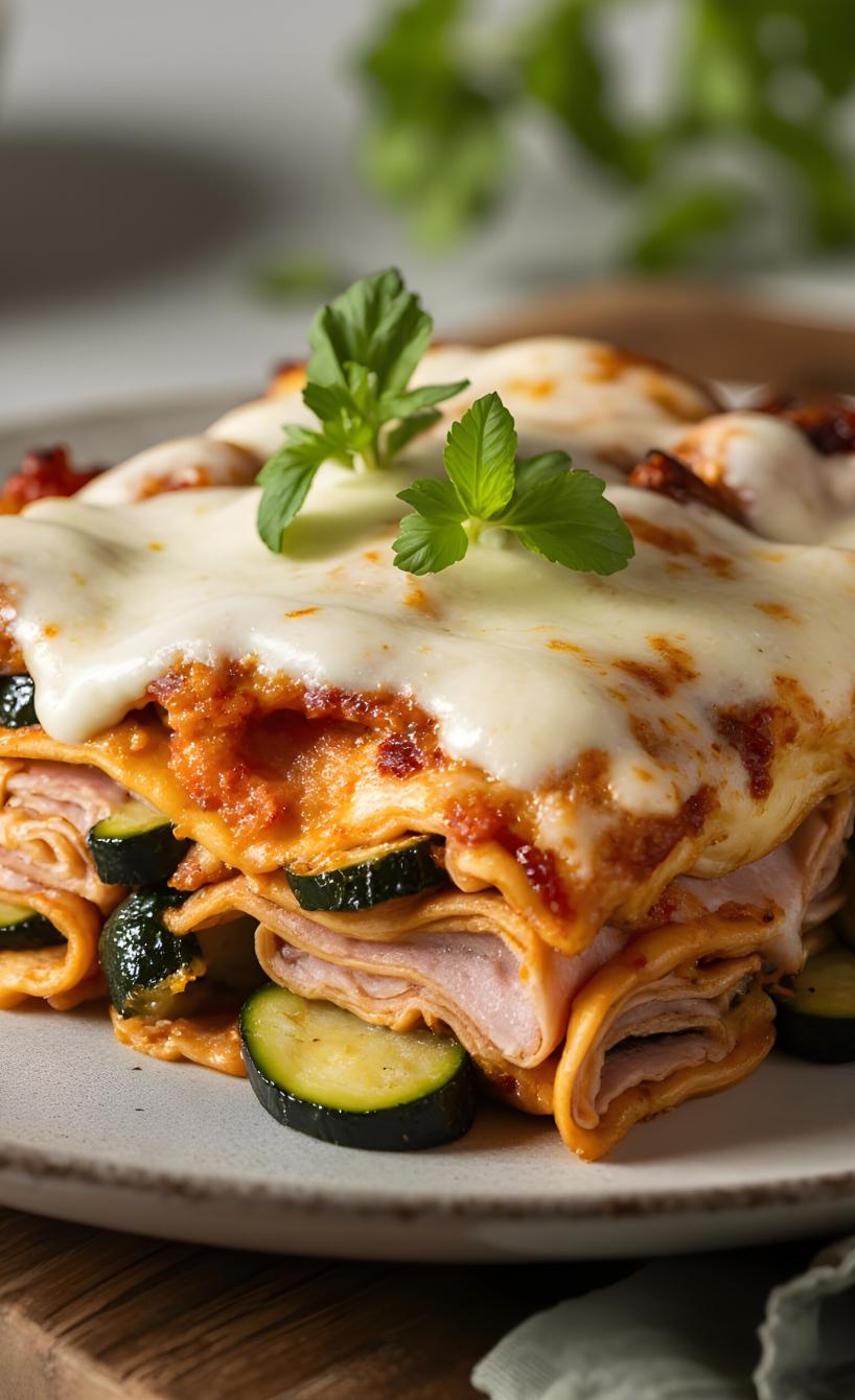 Ein Stück Käse-Schinken-Lasagne mit Zucchinischeiben und geschmolzenem Mozzarella auf einem Teller
