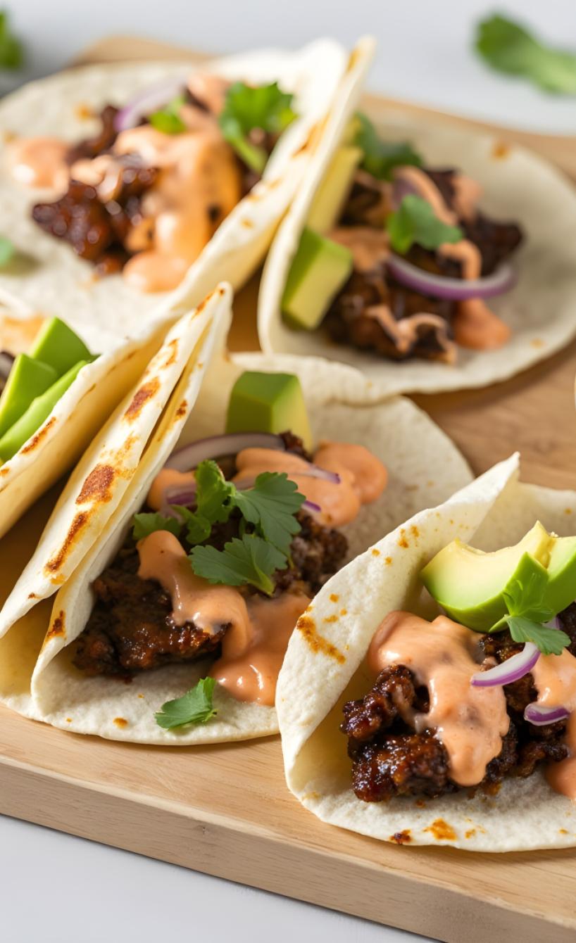 Schnelle Tacos mit Burgerfüllung, Avocado und Sriracha-Mayonnaise