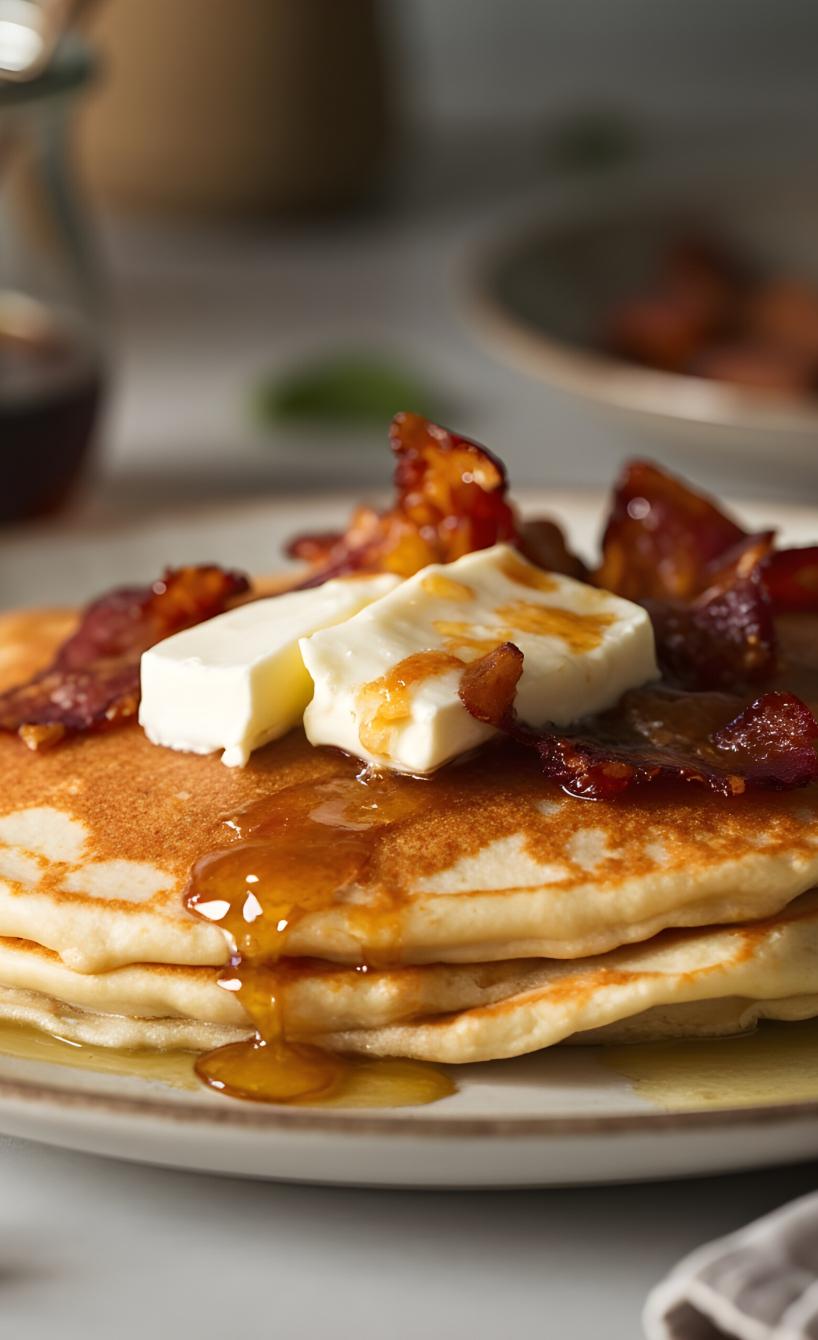 Pancakes gestapelt auf einem Teller getoppt von Butter und Baconstreifen