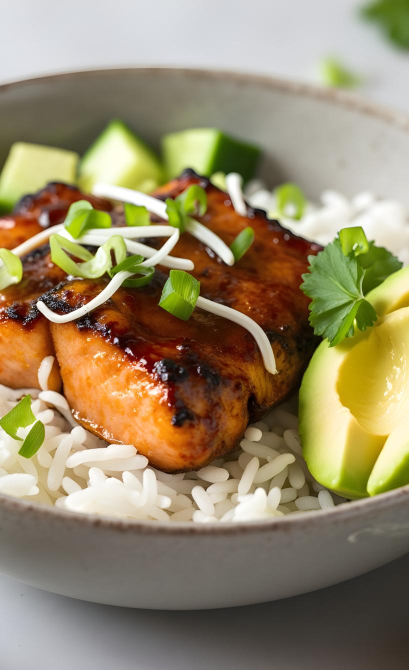 Mariniertes Lachsfielt mit Reis, Avocado und Gurke in einer Bowl