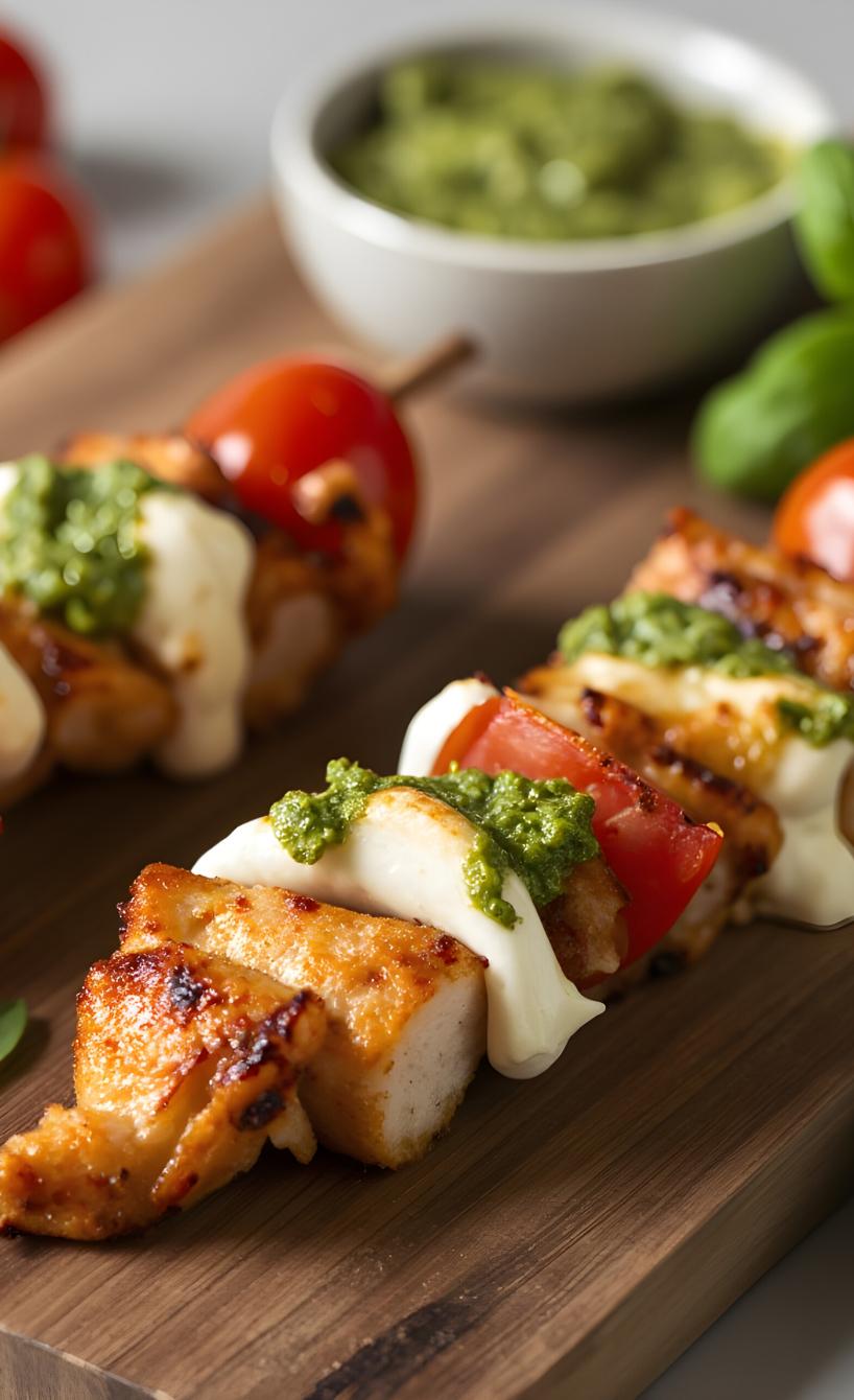 Schnelle Tomaten-Mozzarella-Hähnchenspieße mit Pesto aus dem Airfryer