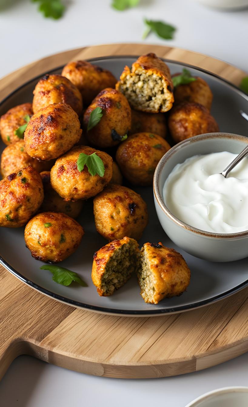 Selbstgemachte Linsenbällchen auf einem Teller, daneben ein Schälchen mit Joghurt-Dip