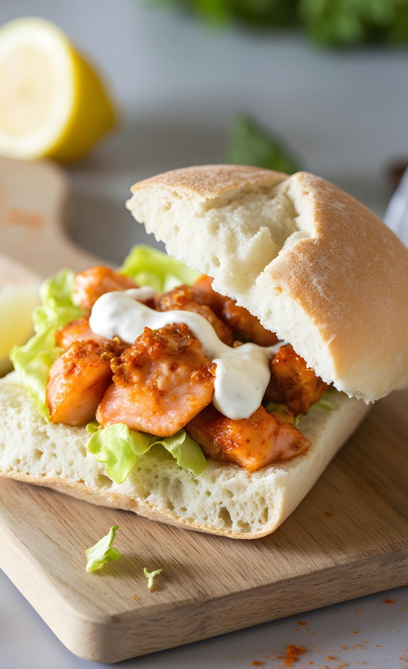 Ein Brötchen gefüllt mit Flammlachs, Salat und Remoulade auf einem Holzbrett