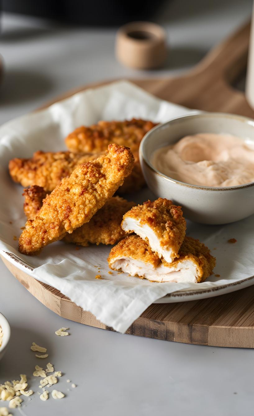 Einige Hähnchen-Sticks mit Parmesan auf einem Teller vor einem Airfryer