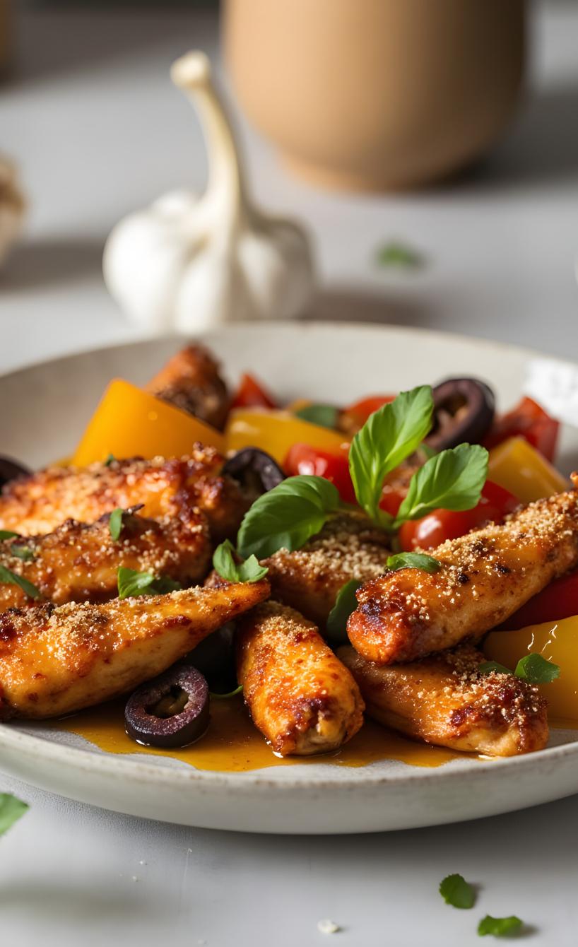Paprikasalat und Hähnchenflügel getoppt mit Parmesan auf einem Teller