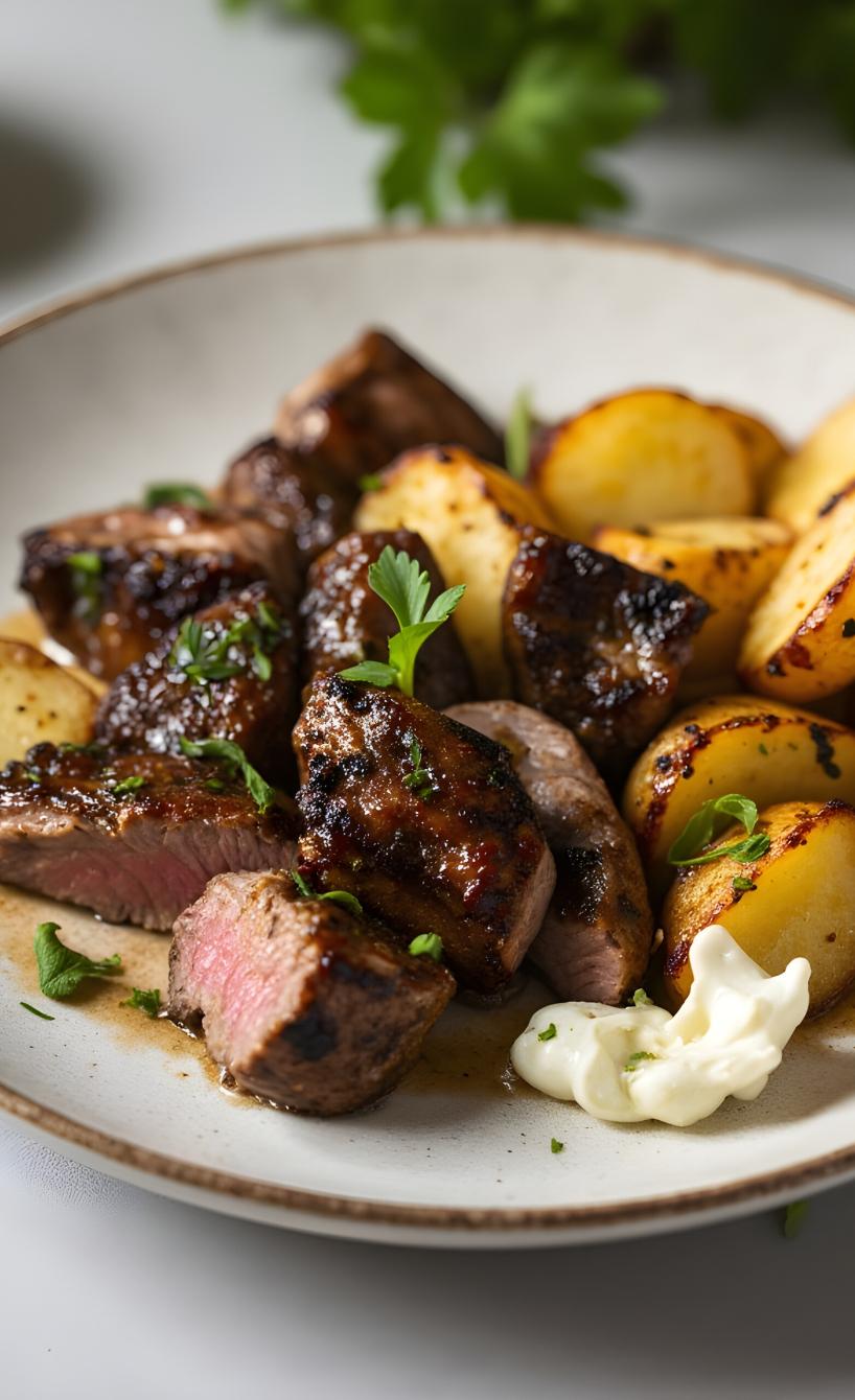 Heißluftfrittierte Steakwürfel und Drillinge auf einem Teller