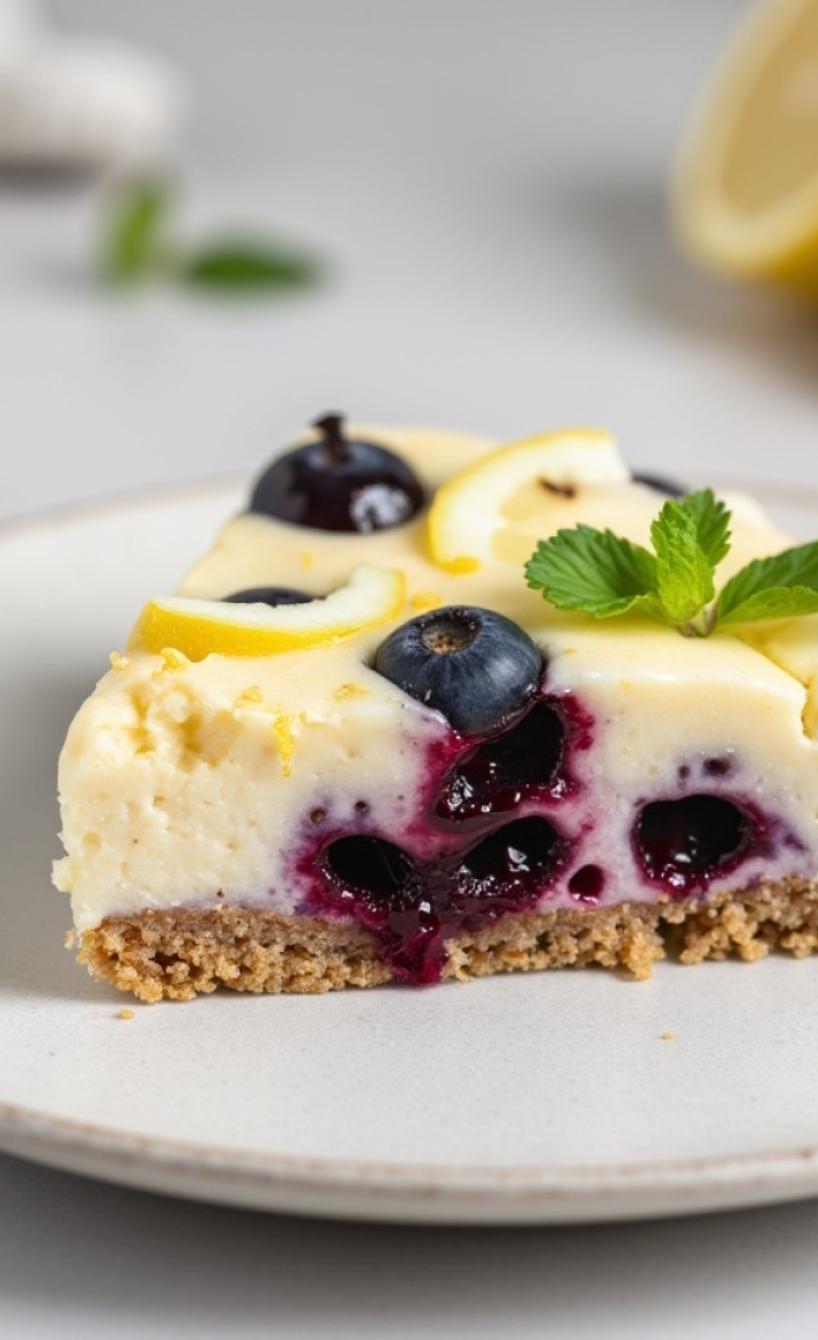 Ein Stück Cheesecake mit Blaubeeren getoppt mit Zitronenscheiben auf einem Kuchenteller