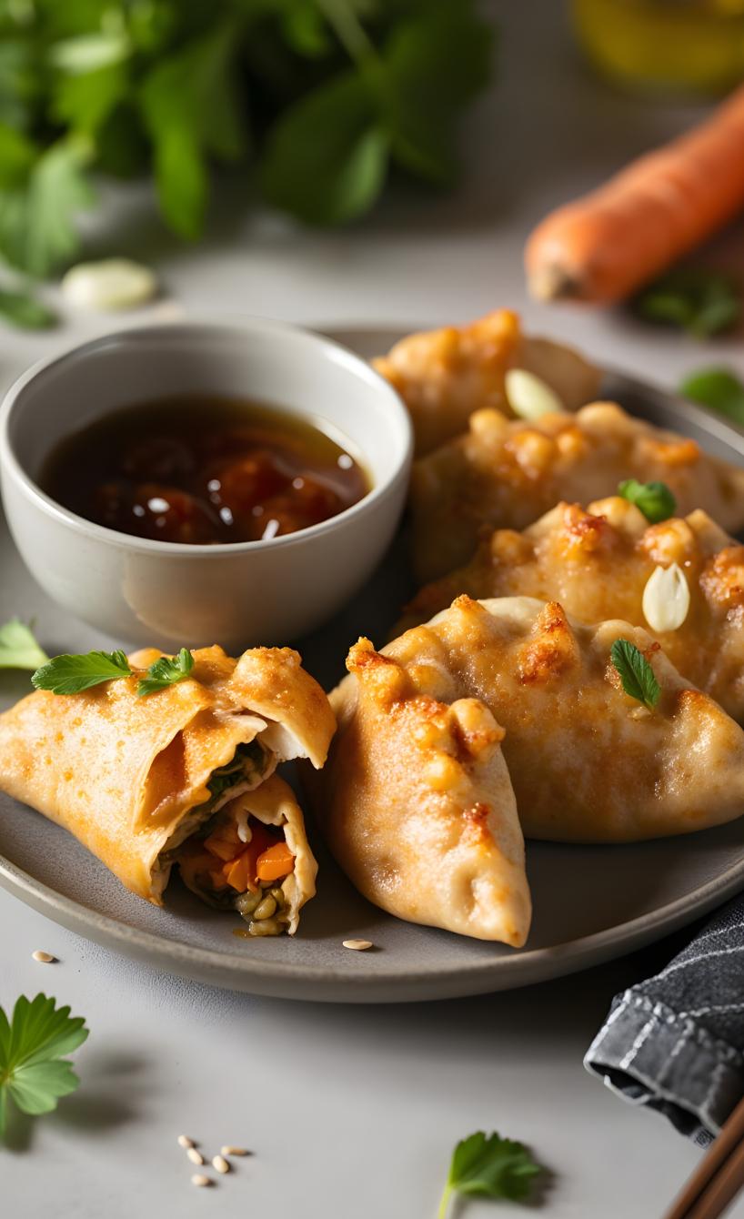 Gemüse-Tofu-Dumplings angeschnitten auf einem Teller, daneben ein Schälchen mit Sauce