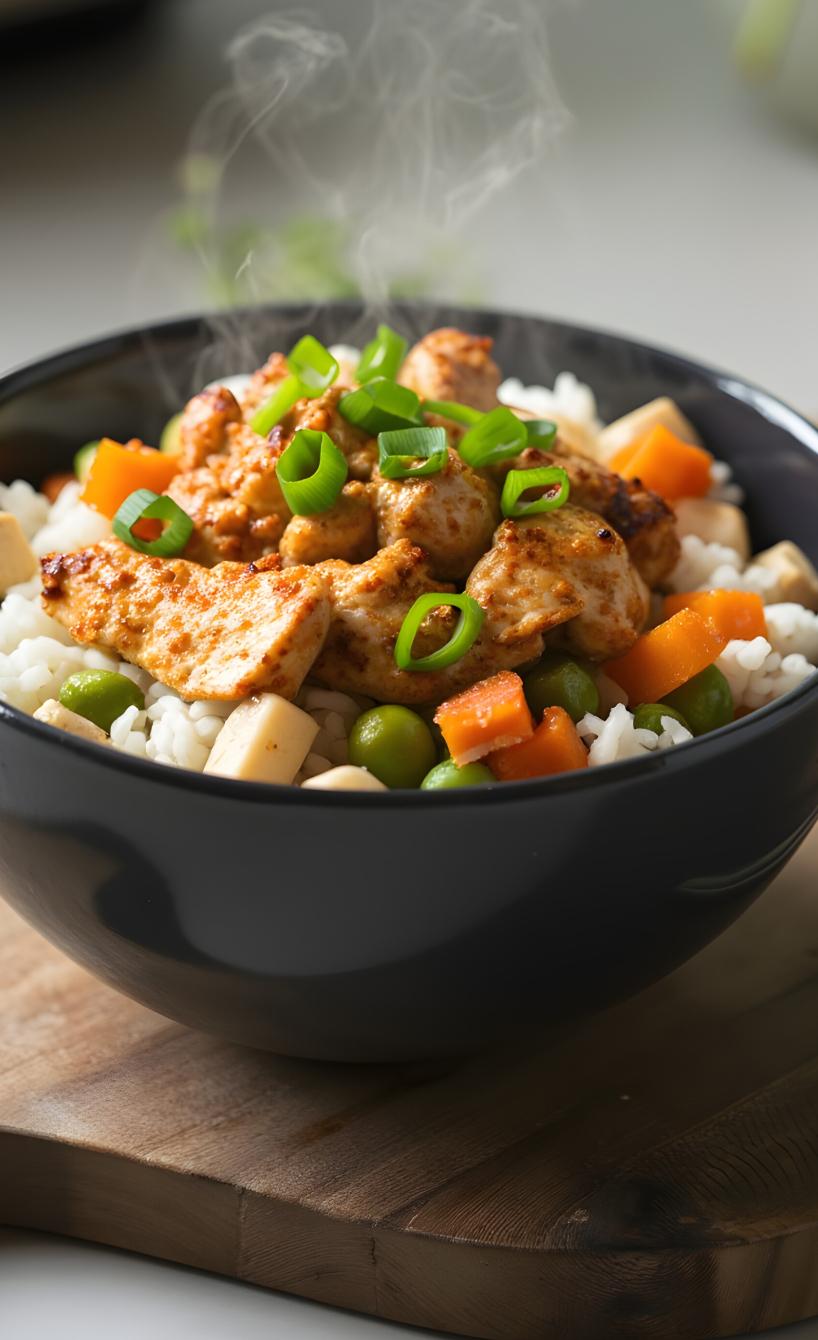 Reis-Bowl mit Hähnchen und Gemüse in einer Schale auf einem Holzbrett