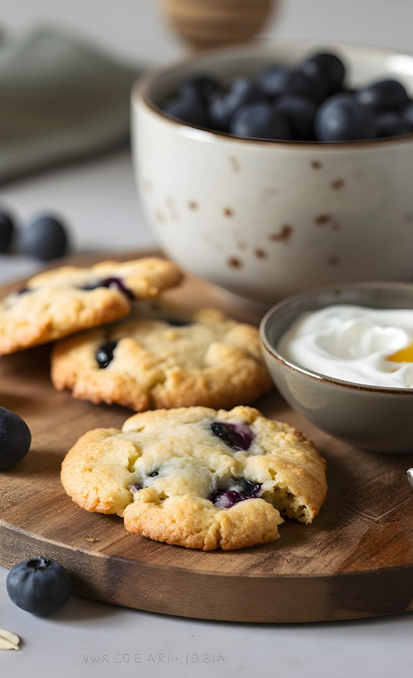 Hafer-Kekse mit Heidelbeeren auf einem Holzbrett, daneben Skyr in einer Schüssel