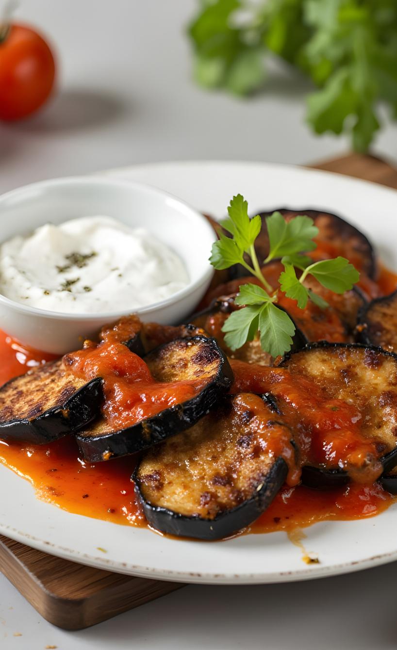 gebratene Auberginenscheiben übergossen mit Tomatensauce auf einem Teller, daneben Quark-Dip