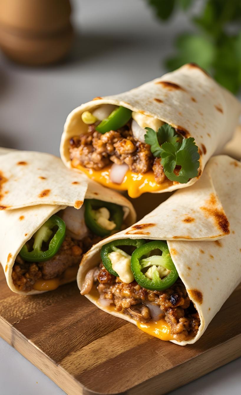 Mehrere Cheeseburger Wraps auf einem Holzbrett