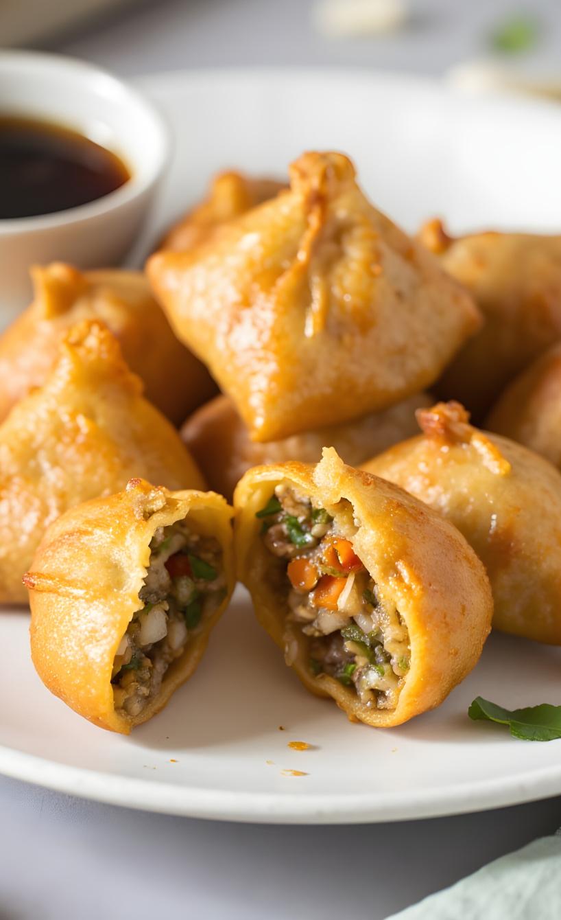 Mehrere Vegetarische Momos auf einem Teller, daneben Sauce