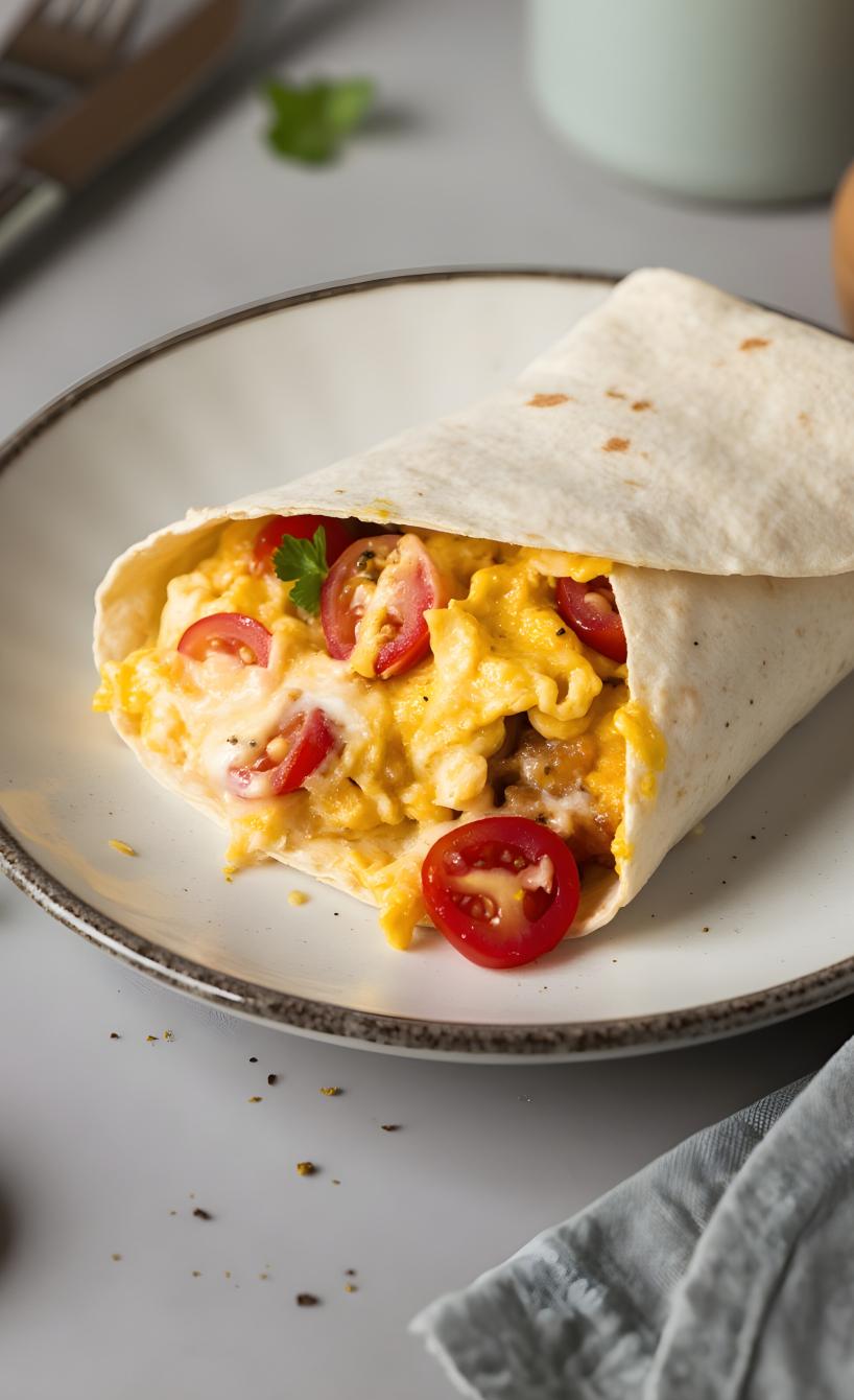 Ein Wrap gefüllt mi Ei, Käse und Tomaten auf einem Teller