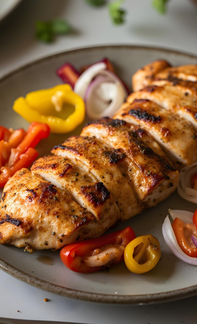 Ein Stück Hähnchenbrust und Paprikagemüse auf einem Teller