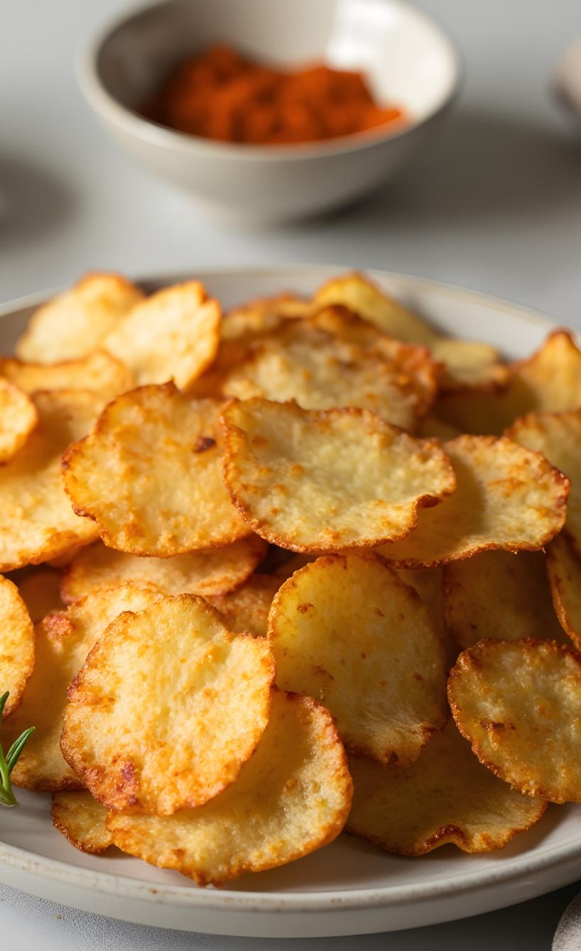 Heißluftfrittierte Kartoffelchips aus frischen Kartoffeln auf einem Teller, daneben Gewürze in Schälchen auf einem Tisch