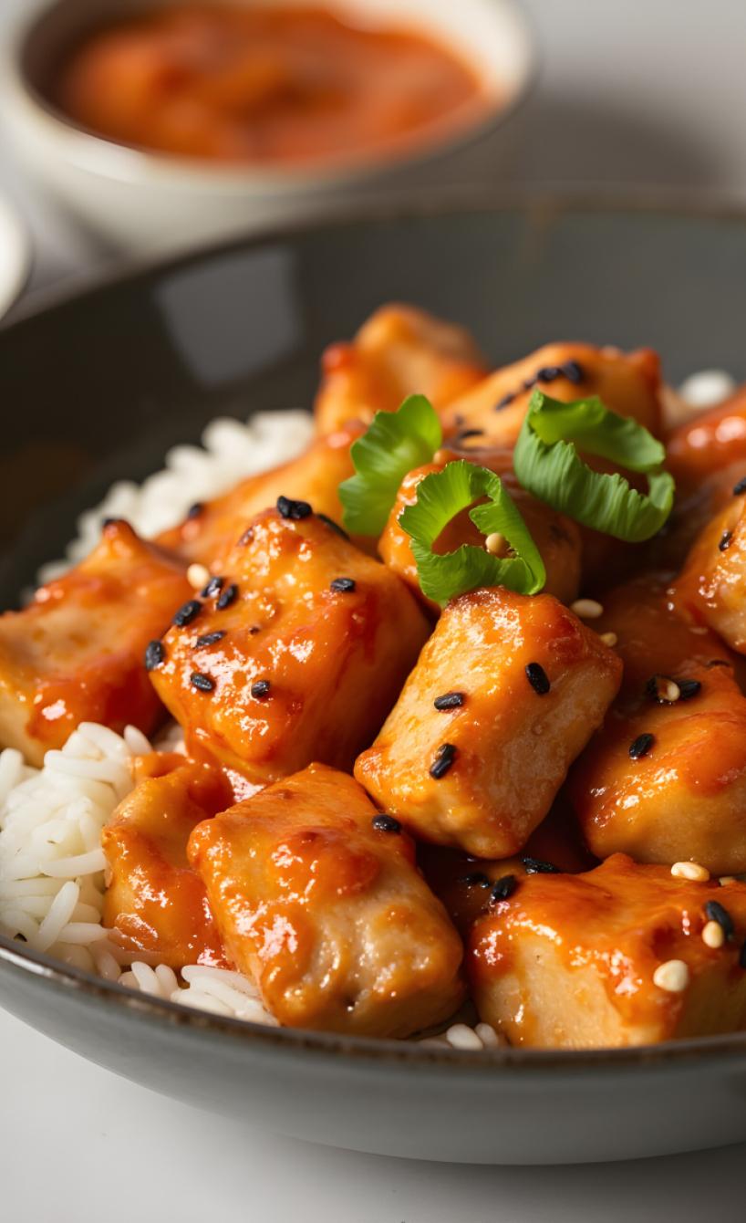 Koreanischer Reis mit würzigen Sticky Chicken Bites