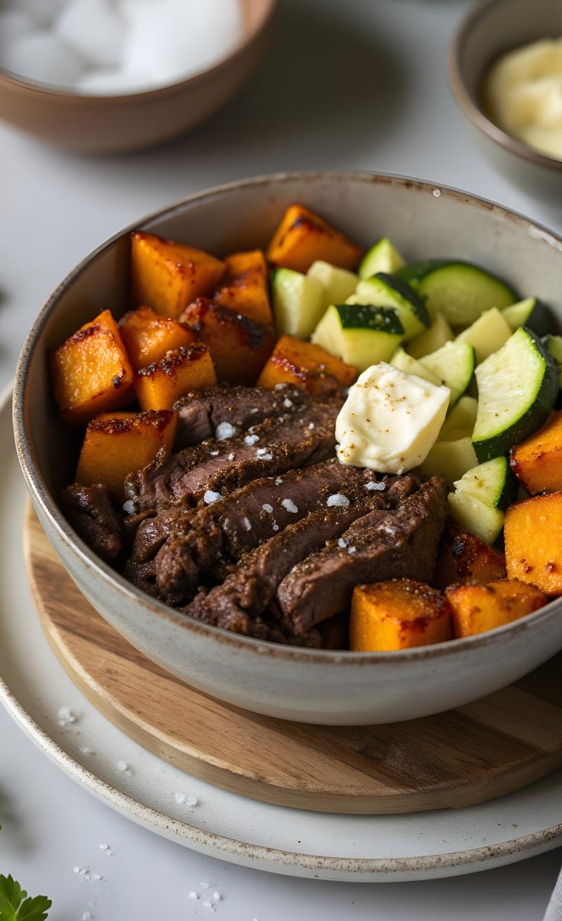 Steakstreifen, Zucchini und Süßkartoffeln in einer Bowl