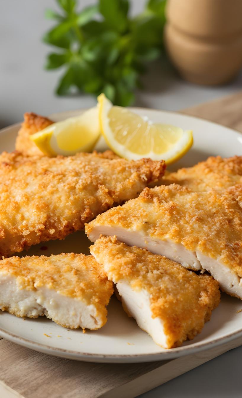Heißluftfrittierte Kalbsschnitzel in Panade angerichtet auf einem Teller