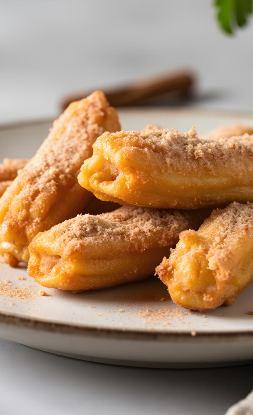 Mehrere heißluftfrittierte Churros mit Zimt und Zucker bestäubt auf einem Teller