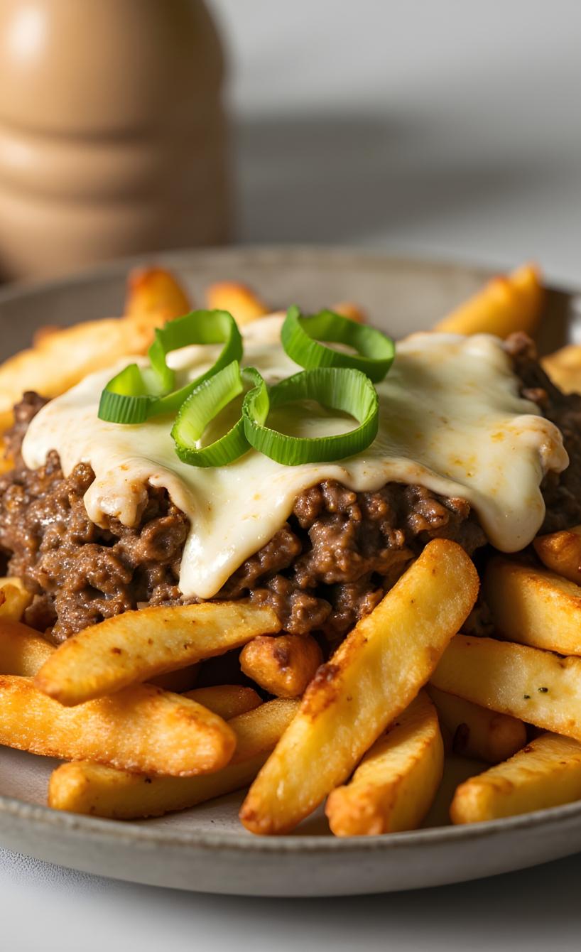 Auflauf aus Pommes, veganem Hack und Käse angerichtet mit Frühlingszwiebeln auf einem Teller