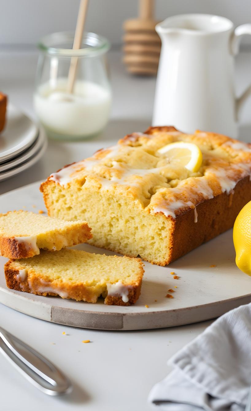 Zitronenkuchen angeschnitten auf einer Kuchenplatte