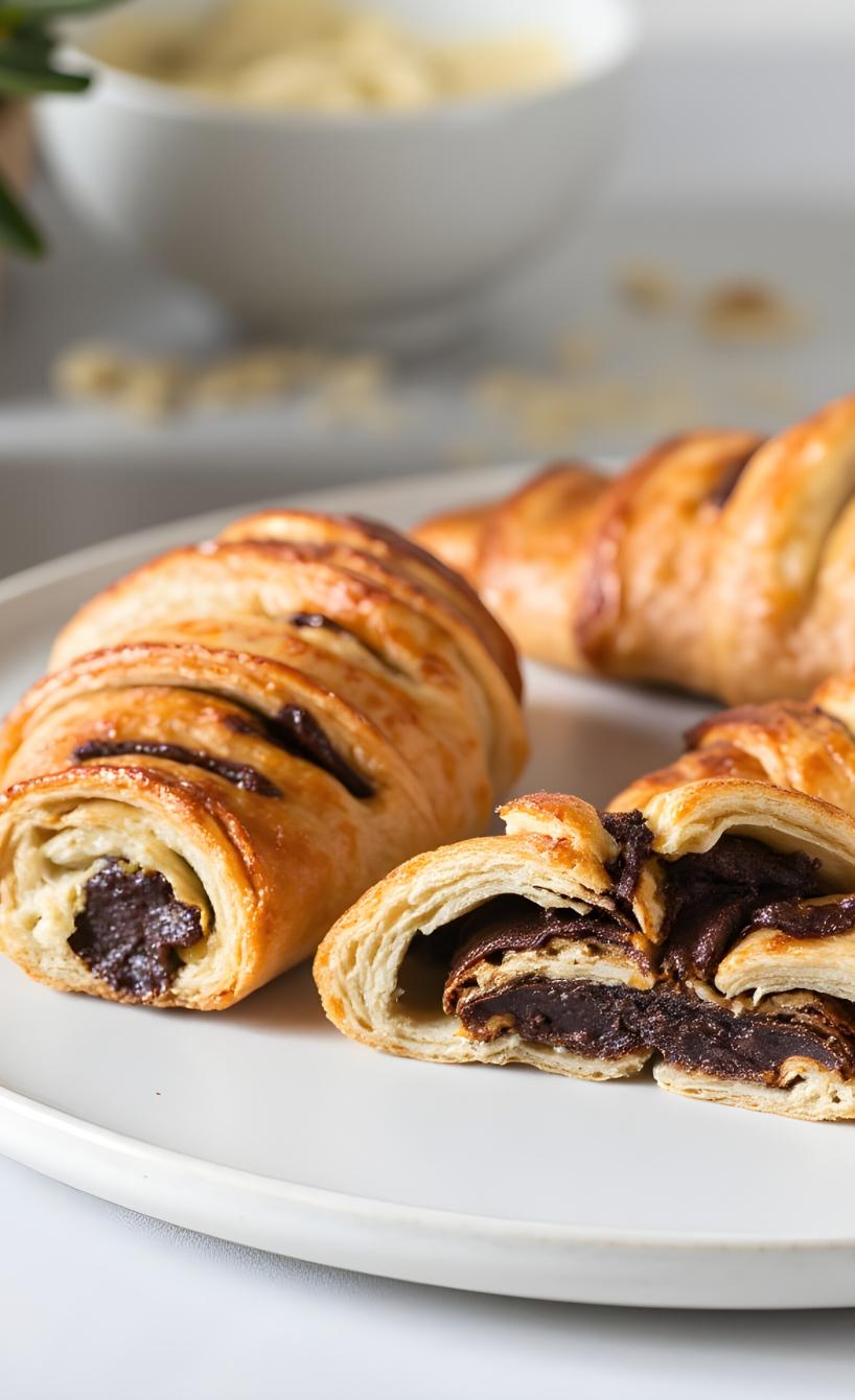 Drei selbstgemachte Schoko-Croissants angeschnitten auf einem Teller