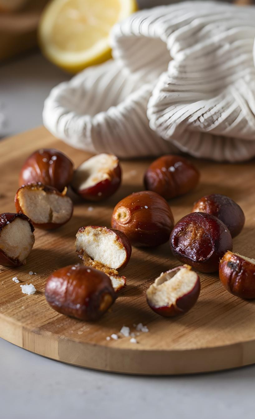 Heißluftfrittierte Maronen teilweise geschält und halbiert auf einem Holzteller