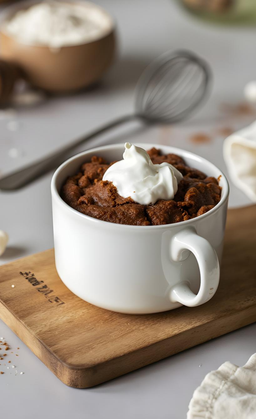 Schokoladenkuchen in der Tasse im Airfryer gebacken getoppt von Schlagsahne auf einem Tisch