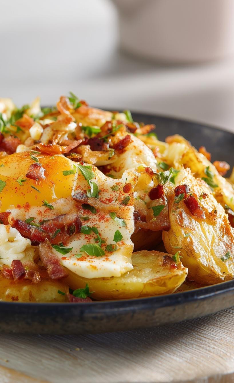 Deftiges Bauernfrühstück mit Kartoffeln, Speck & Ei
