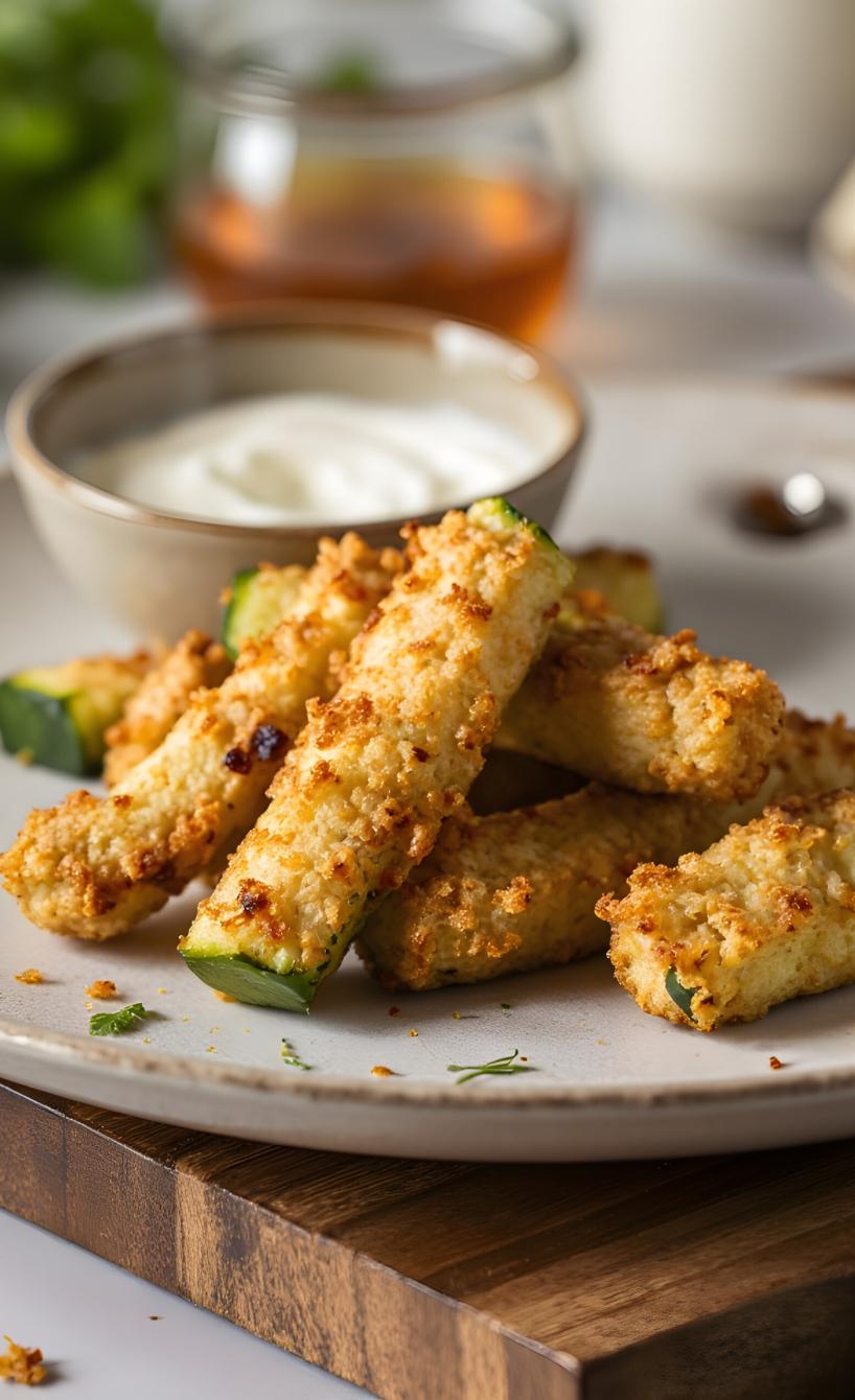 Heißluftfrittierte Zucchini-Pommes mit Dip auf einem Teller