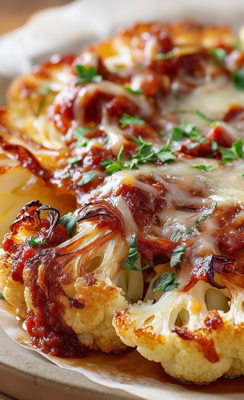 Überbackene Blumenkohlsteaks mit Tomatensauce