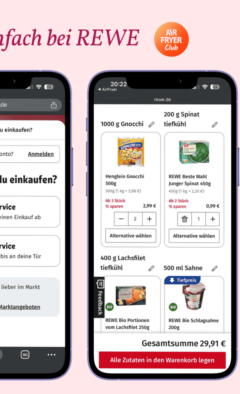 REWE Bestellbutton - Zutaten mit nur 1-Klick direkt zu dir nach Hause liefern.