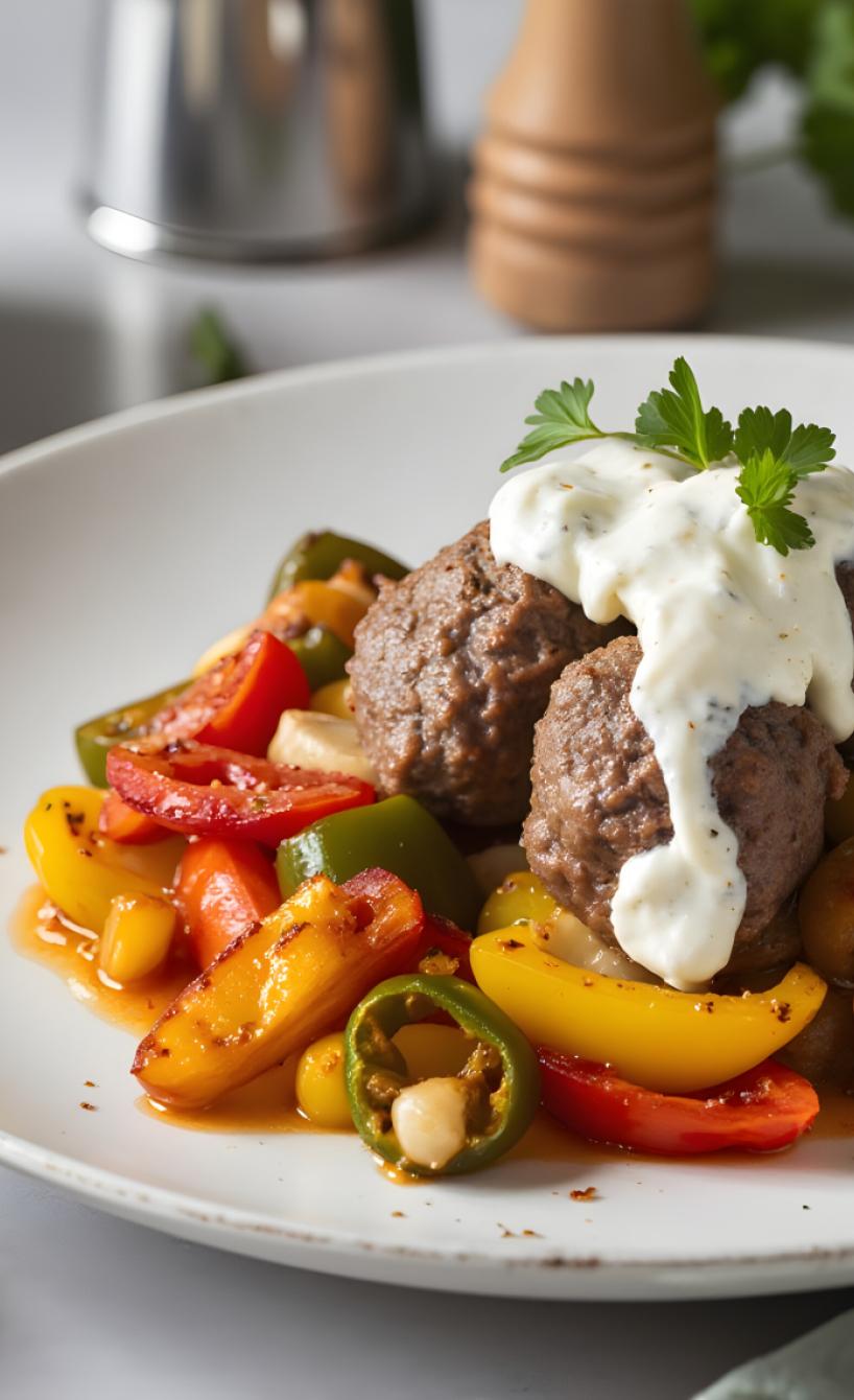 Saftige Hackbällchen mit Frischkäsesauce und Paprika