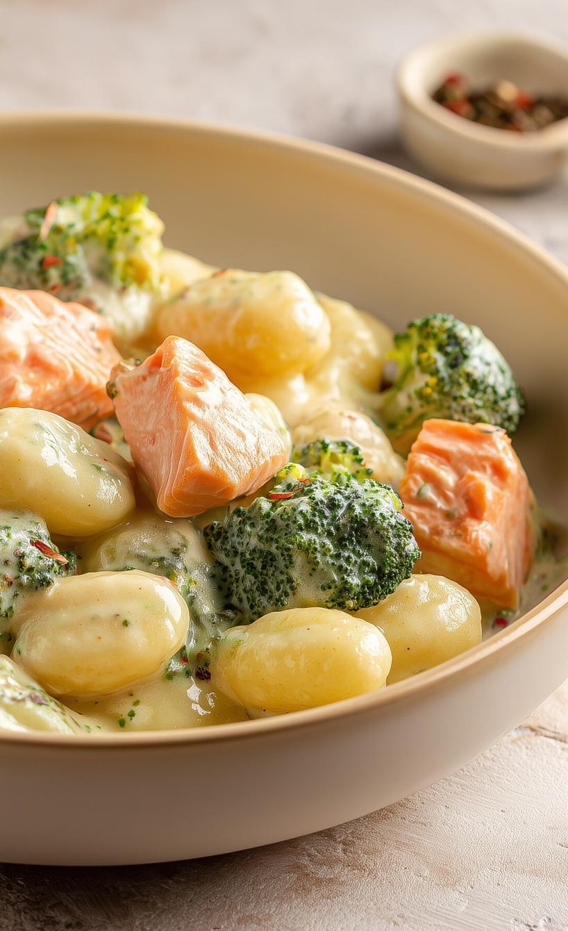 Gnocchi mit saftigem Lachs und Brokkoli