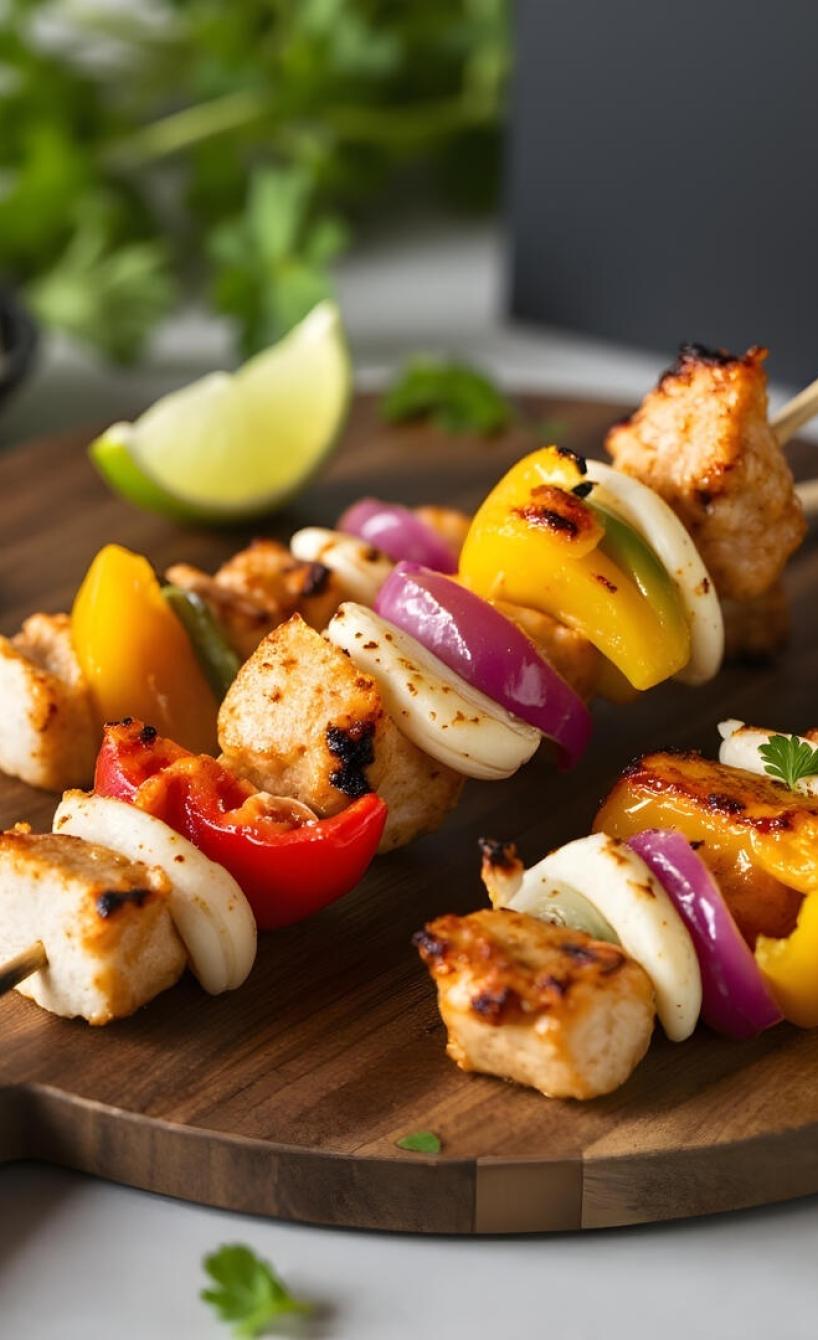 Saftige Airfryer Hähnchenspieße auf einem Holzbrett