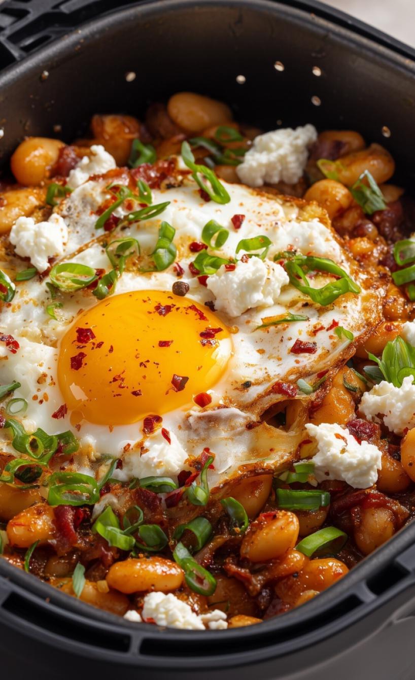 High Protein: Bohnen in Tomatensauce mit Feta und Ei