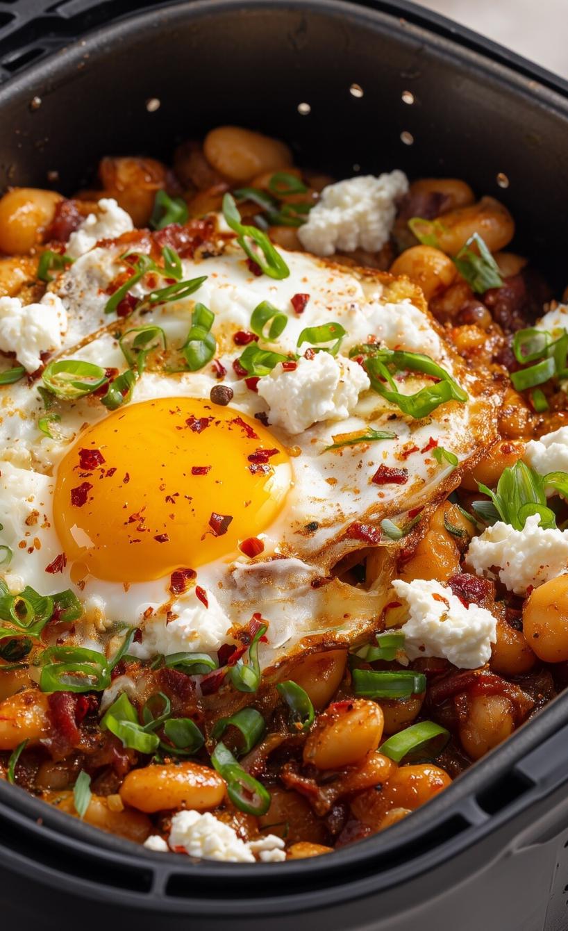 High Protein: Bohnen in Tomatensauce mit Feta und Ei