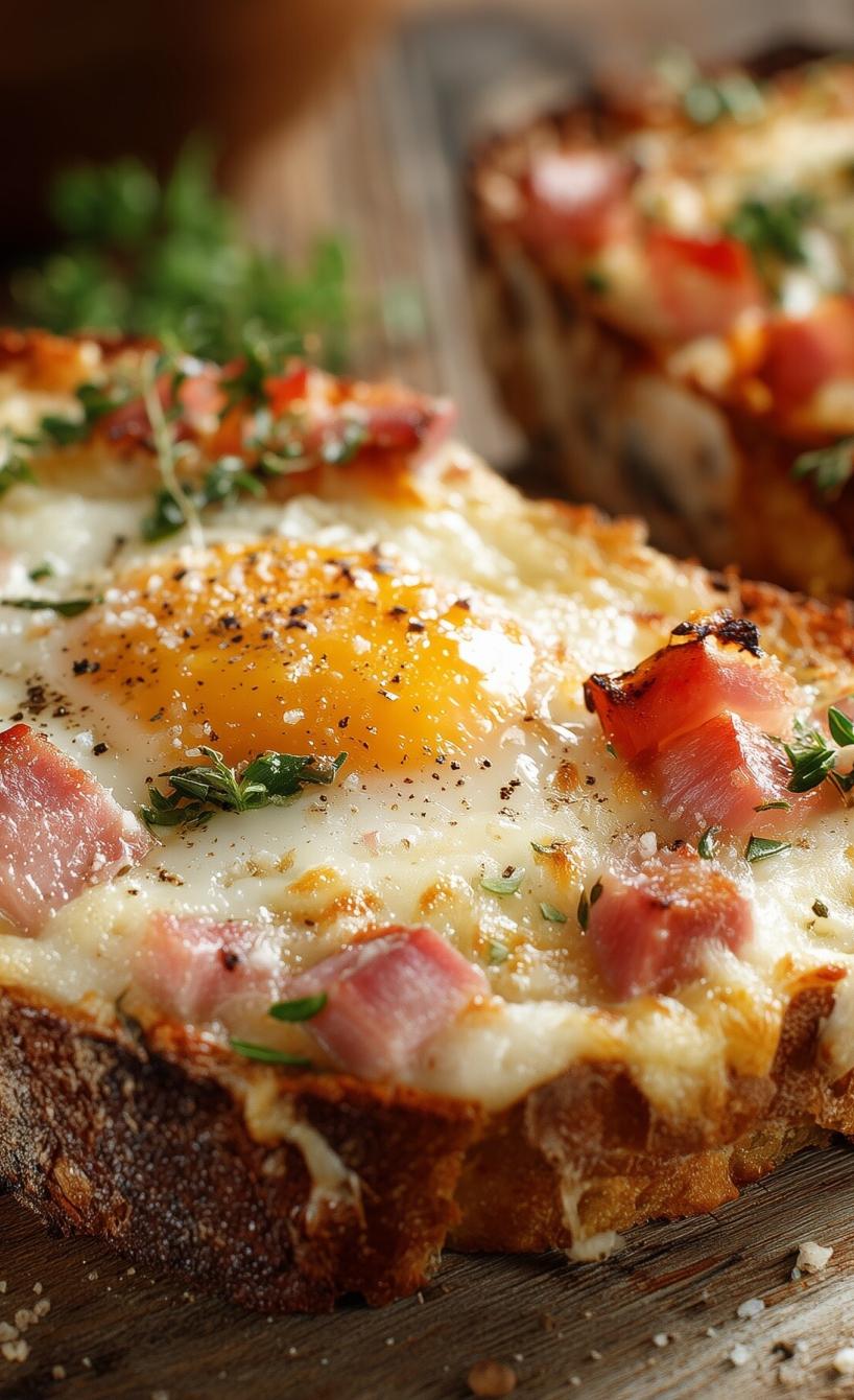 Überbackene Frühstücksbrote mit Schinken & Ei