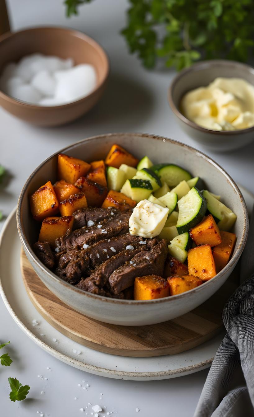 Steakstreifen, Zucchini und Süßkartoffeln in einer Bowl