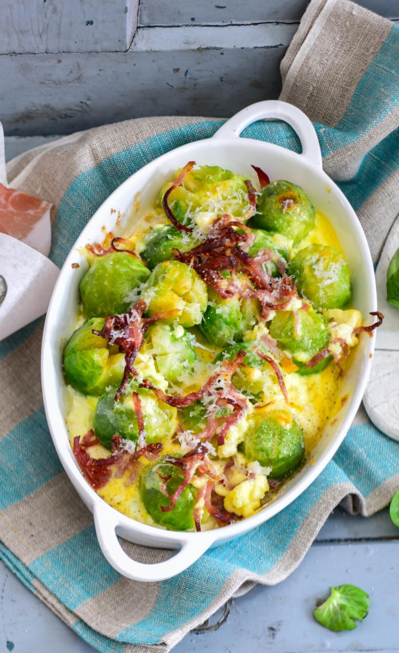 Rosenkohl-Gratin mit Räucherschinken