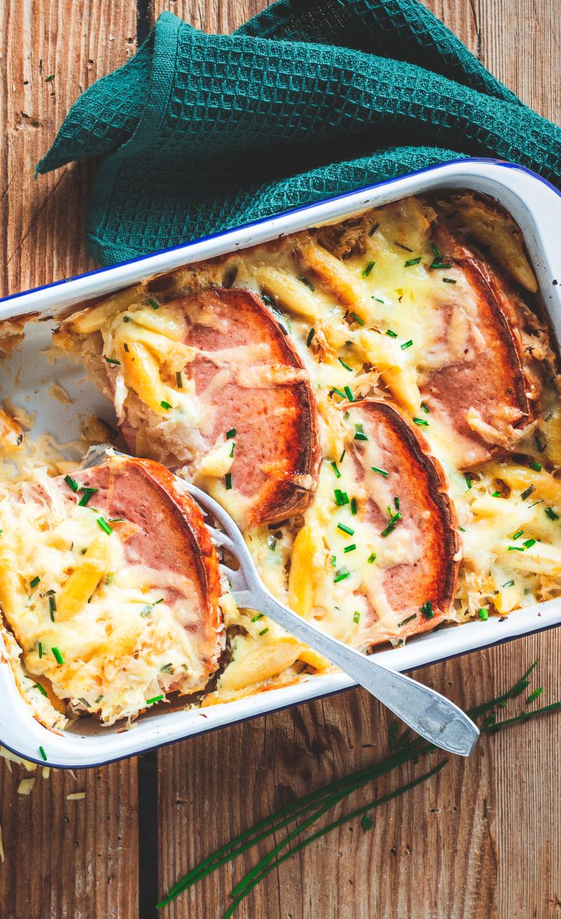 Schupfnudel-Leberkäse-Auflauf mit Sauerkraut