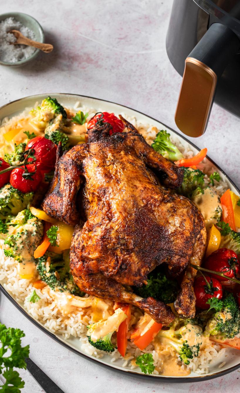 Brathähnchen mit Reis und Currysoße