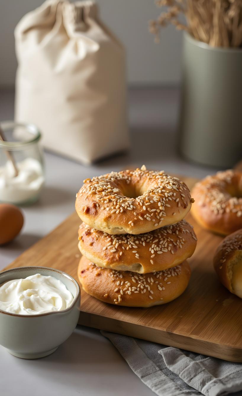 Drei Bagels gestapelt auf einem Brett getoppt mit Sesam