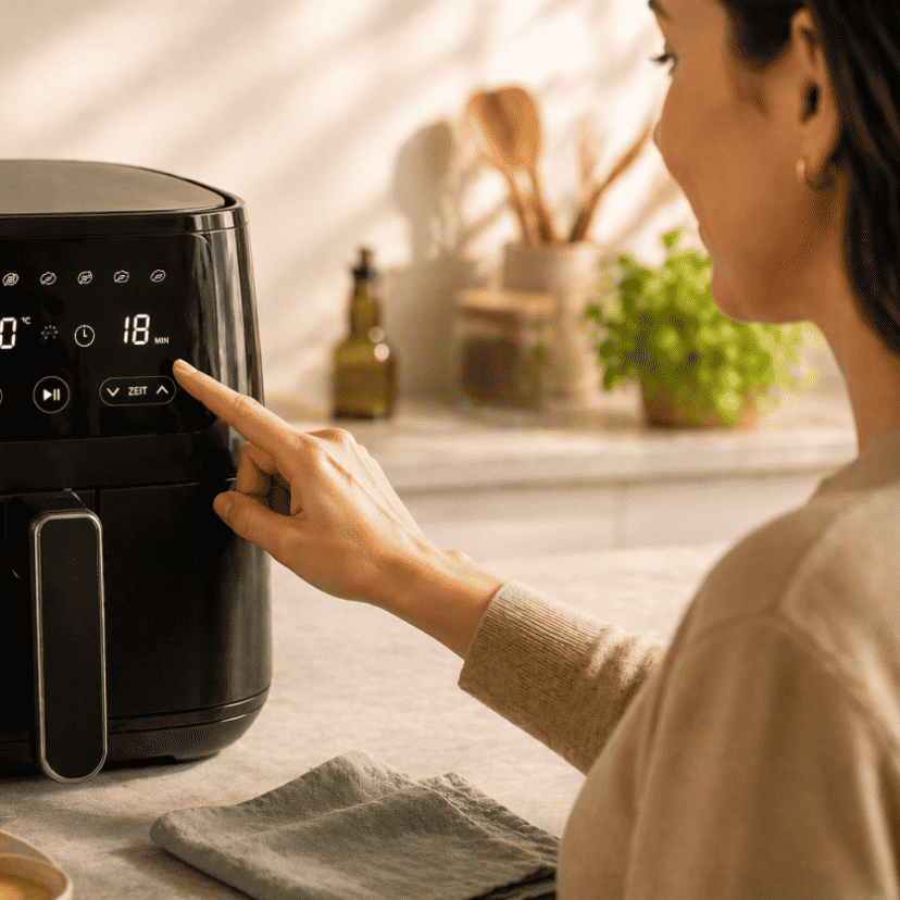 Eine Frau stellt die Temperatur beim Airfryer ein