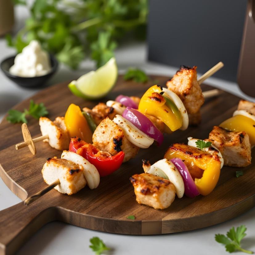 Saftige Airfryer Hähnchenspieße auf einem Holzbrett